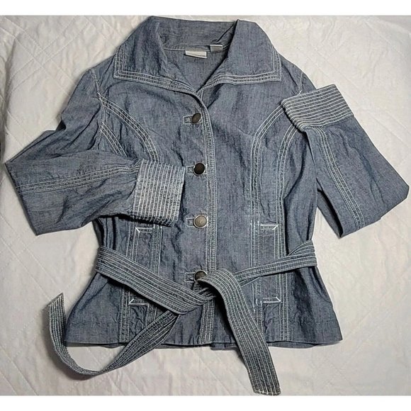 Woman's Chicos Denim Button Front Chambray Jacket W Belt Size 0 - Picture 1 of 16